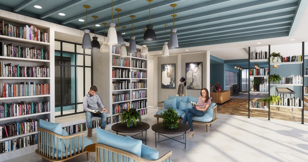 a rendering of a library with people sitting in chairs and bookshelves