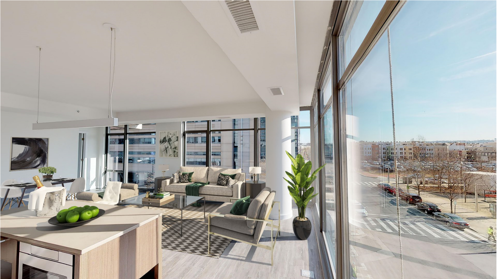 A modern living room with a view of the street outside.