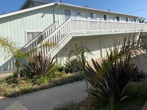 A green house with a staircase leading to the front door.