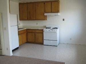 A white fridge and stove in a kitchen with brown cabinets.