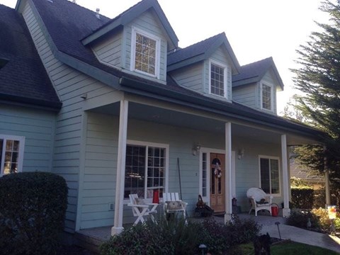 A house with a blue siding and a brown door.