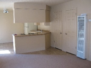 A kitchen area with a counter and a fridge.