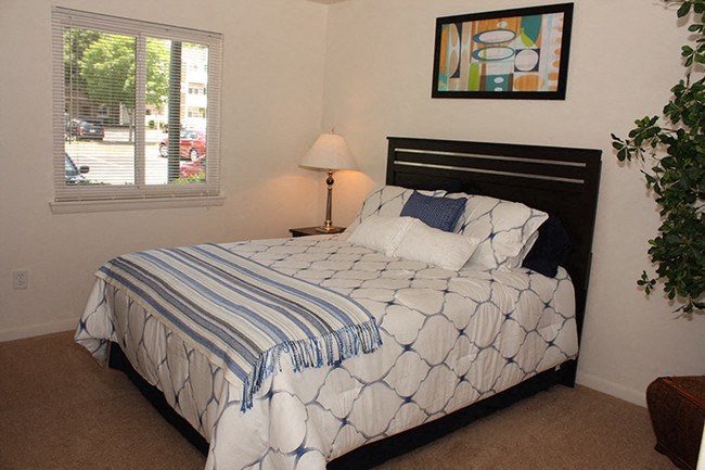 a bedroom with a bed and a window