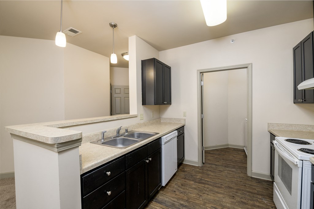 an empty kitchen with white appliances and black cabinets in an apartment