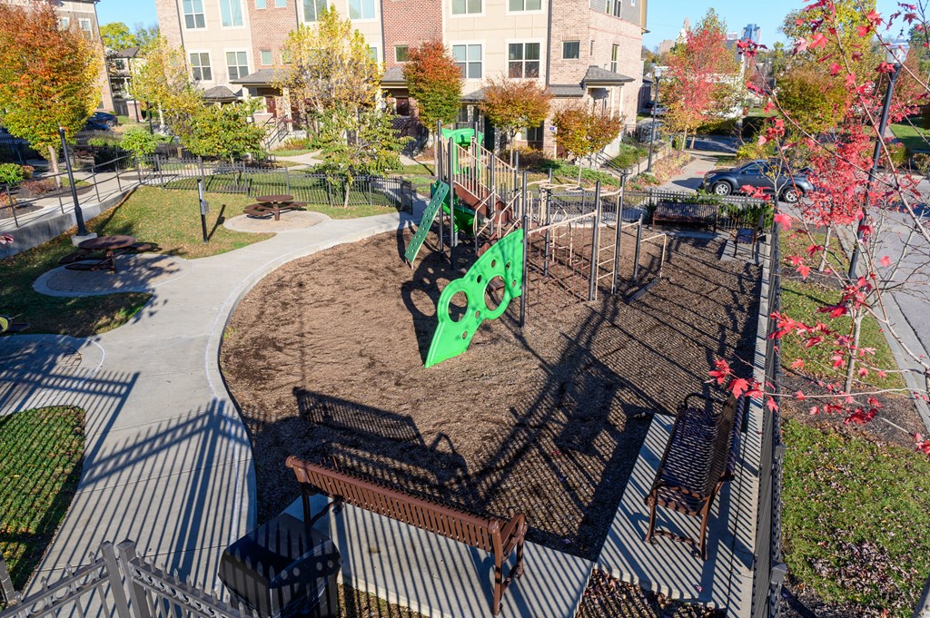 an aerial view of a playground in a park