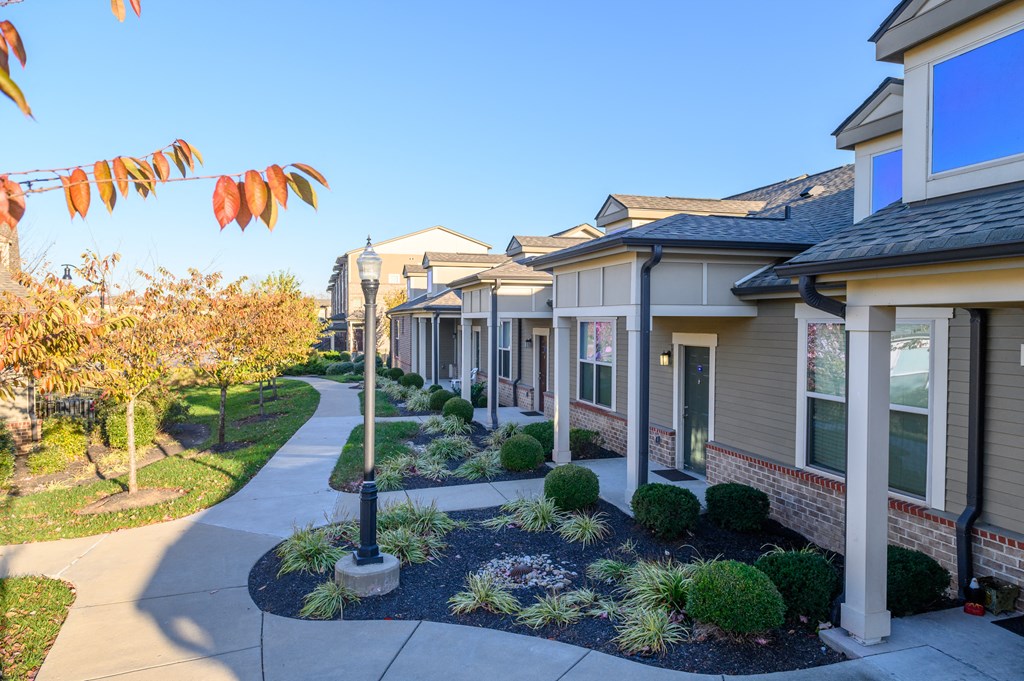 a sidewalk in front of a row of houses