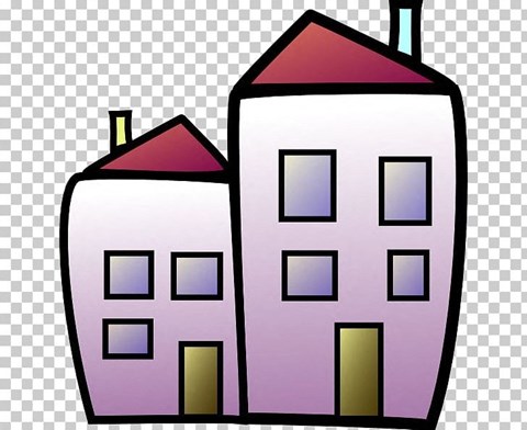 A cartoon image of a purple house with a red roof and a chimney.