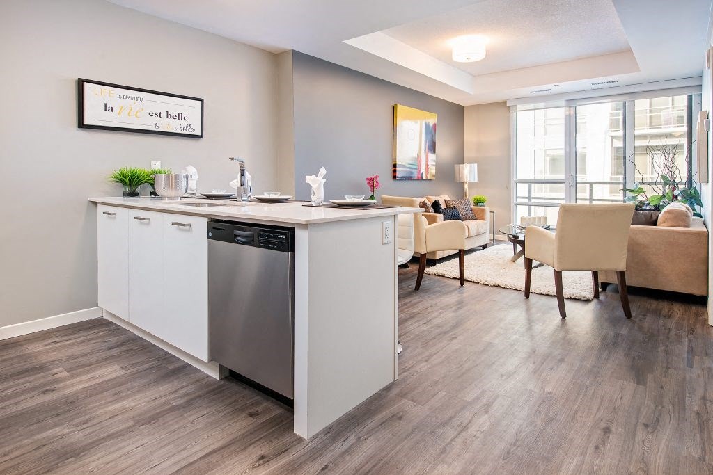 a kitchen with a dishwasher and a living room with couches