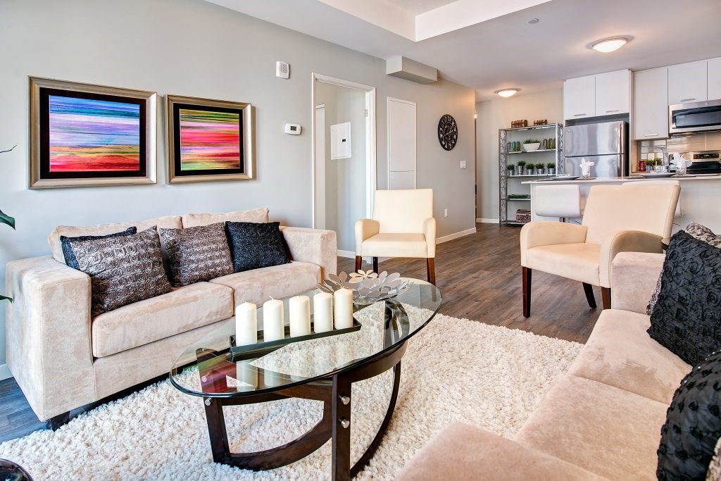 a living room with a couch and a table