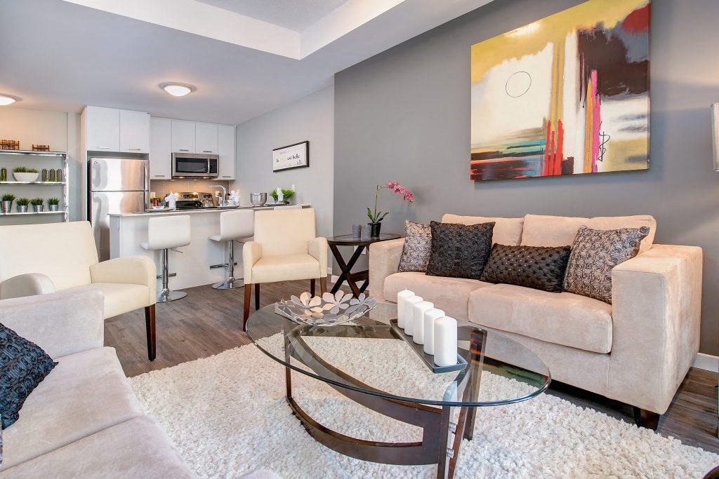 a living room with a couch and a table