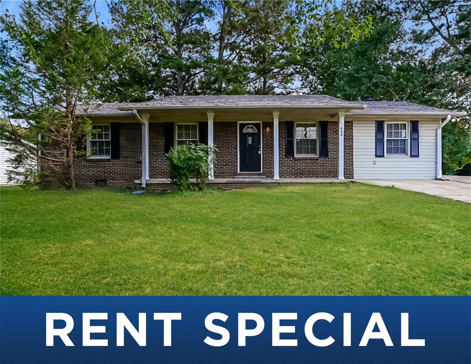 the front of a house with the rent special on it