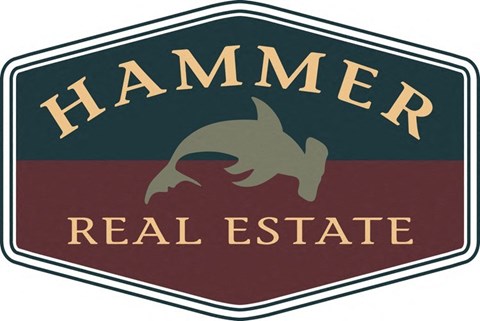 A logo for Hammer Real Estate featuring a stylized hammer and a dolphin.