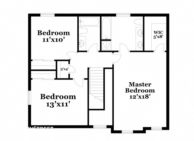 floor plan of the first floor of a house with bedrooms and bathrooms and a master