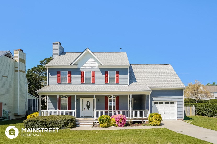 a blue house with red shutters and a white porch