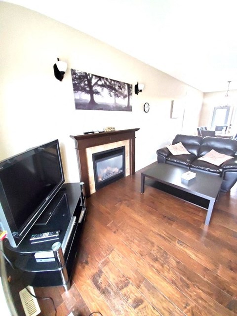 a living room with a tv and a fireplace