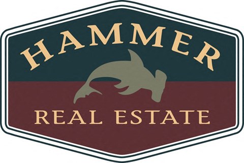 A logo for Hammer Real Estate featuring a stylized hammer and a dolphin.