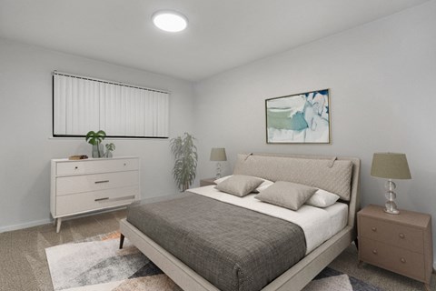 A bedroom with a large bed, a nightstand, and a dresser.