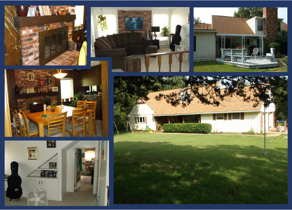 A collage of various indoor and outdoor scenes including a fireplace, a couch, a dining table, a house, and a lawn.