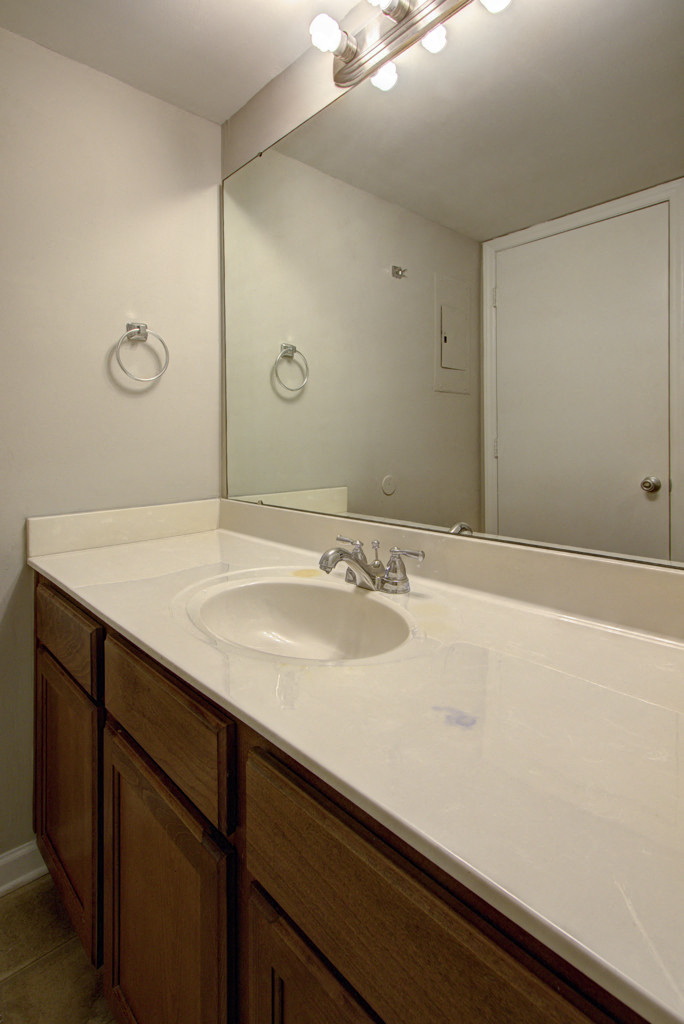 a bathroom with a sink and a large mirror