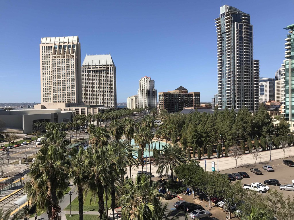 a city skyline with palm trees and a parking lot