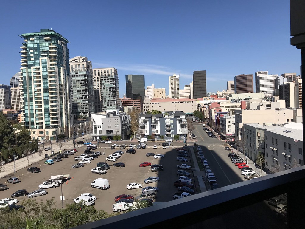 the view of the city from a balcony