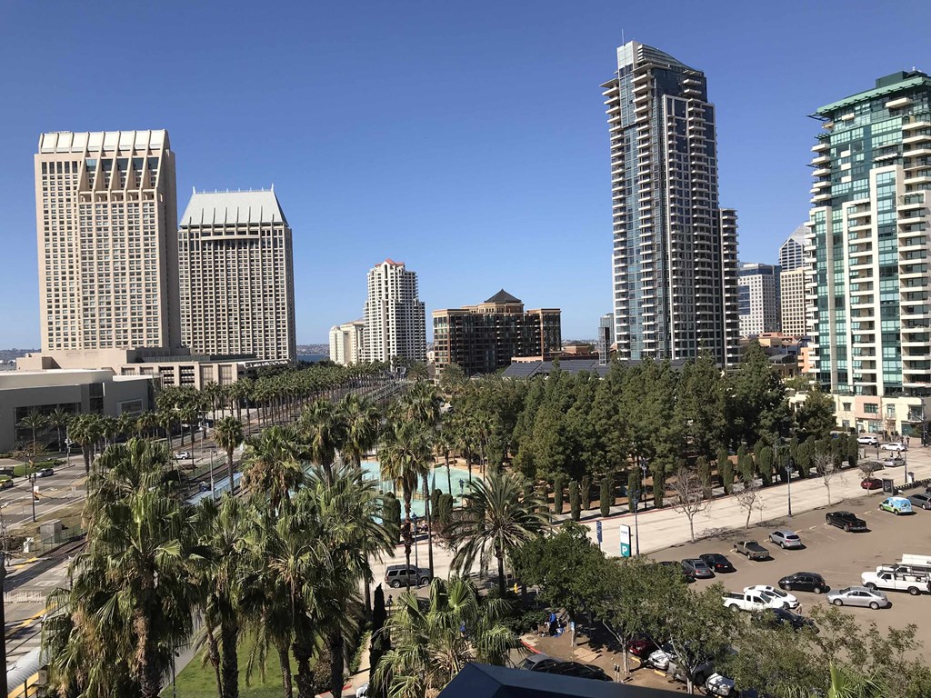a city skyline with palm trees and a parking lot