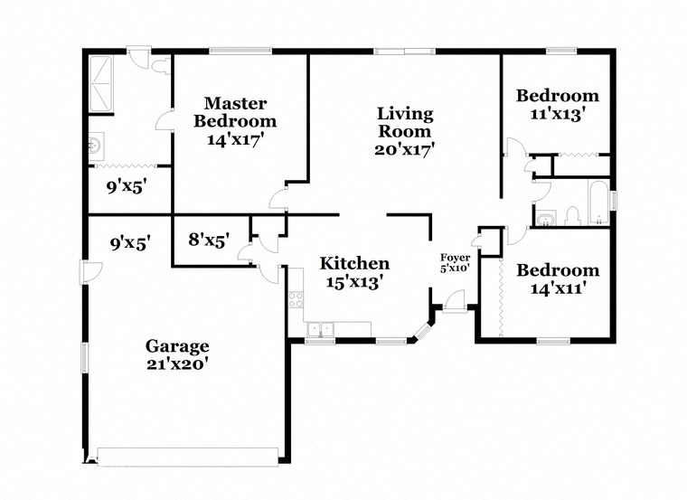 floor plan of a three bedroom house with a kitchen and a living room