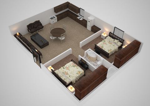 a 3d floor plan of a bedroom with beds and a living room