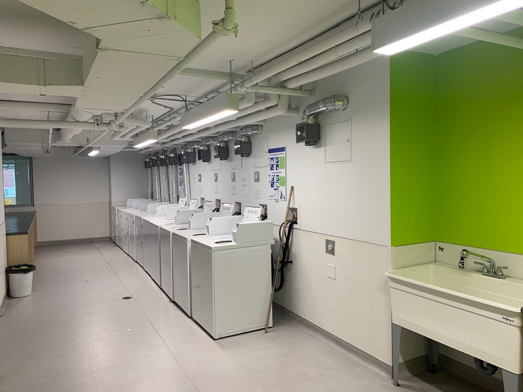 a large room with a row of sinks and washing machines