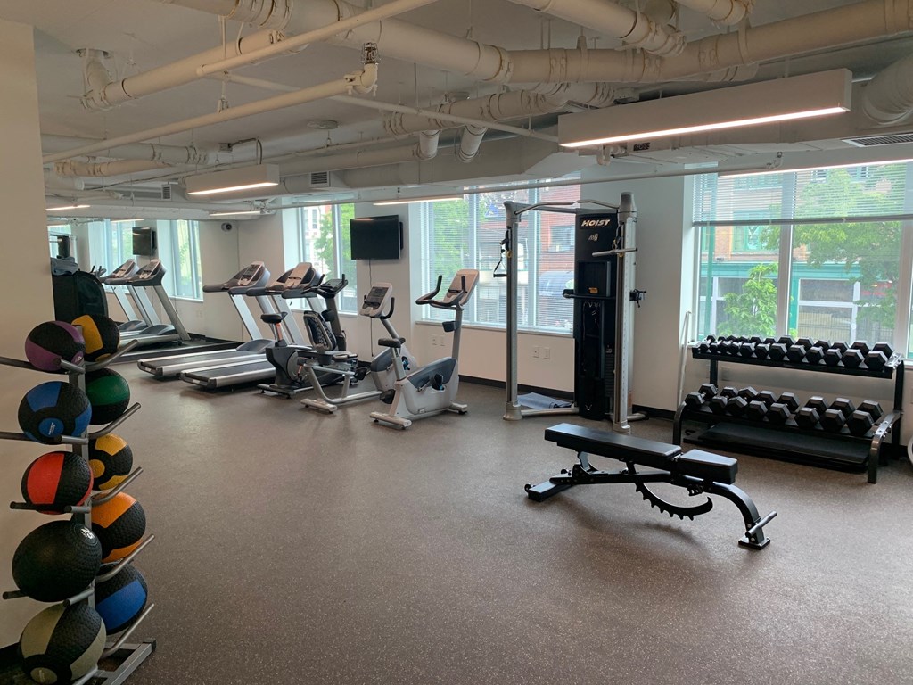 a gym with cardio equipment and weights on the floor