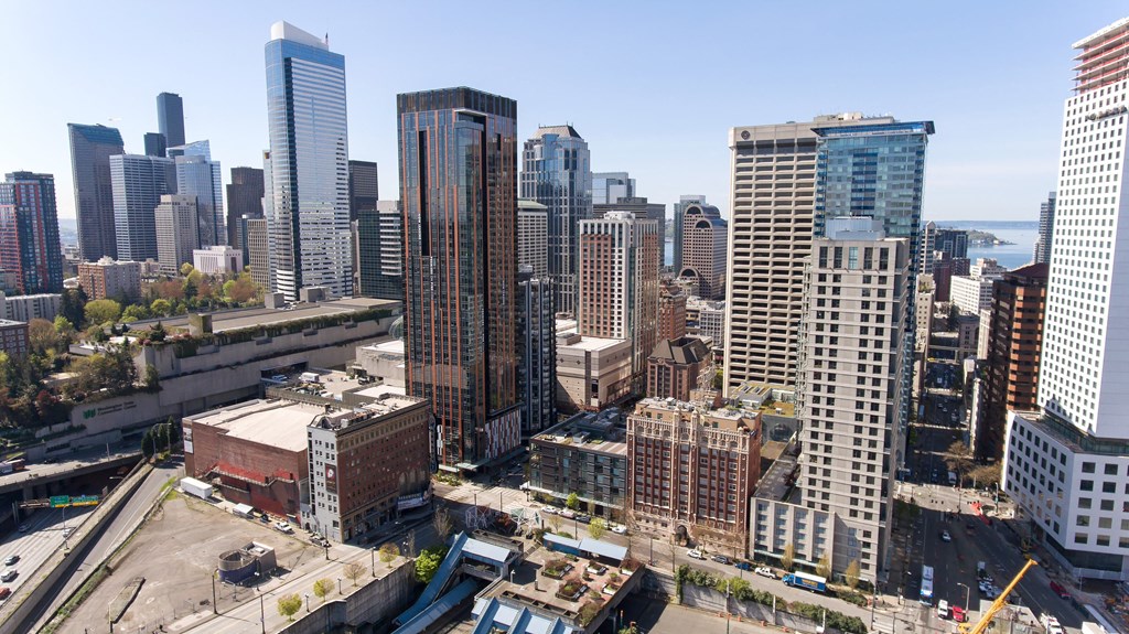 a view of the city from the roof of a building