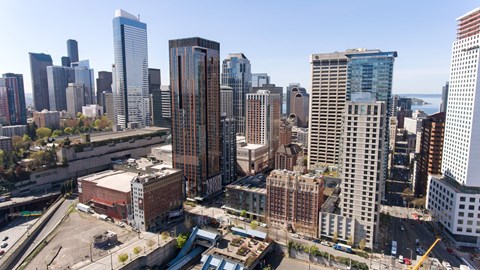 a view of the city from the roof of a building