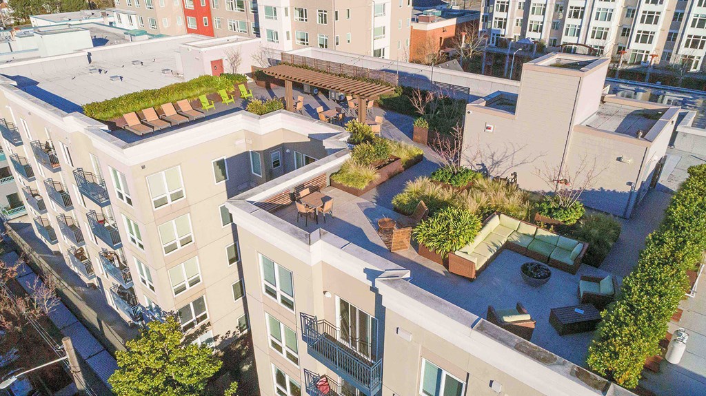 an aerial view of an apartment building with a rooftop garden