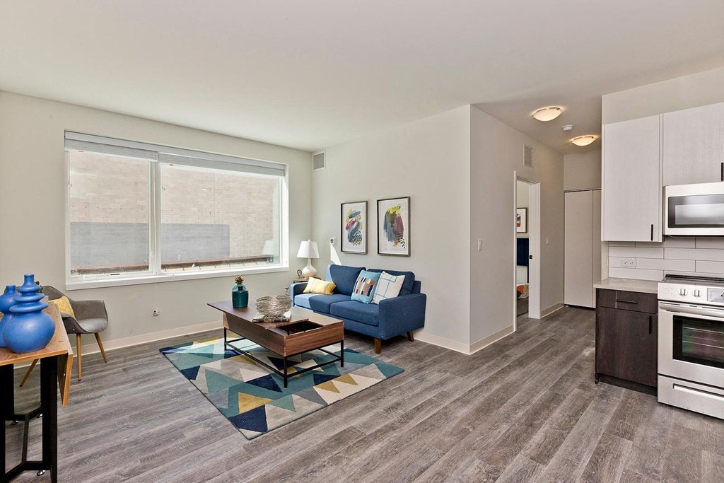 a living room with a couch and a table