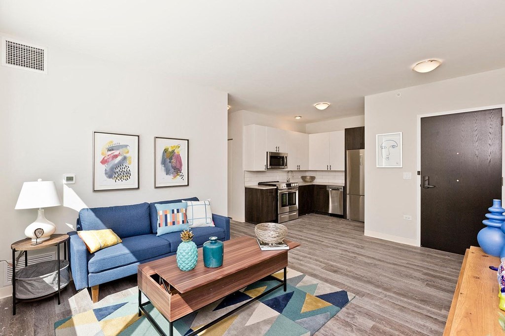 a living room with a couch and a table