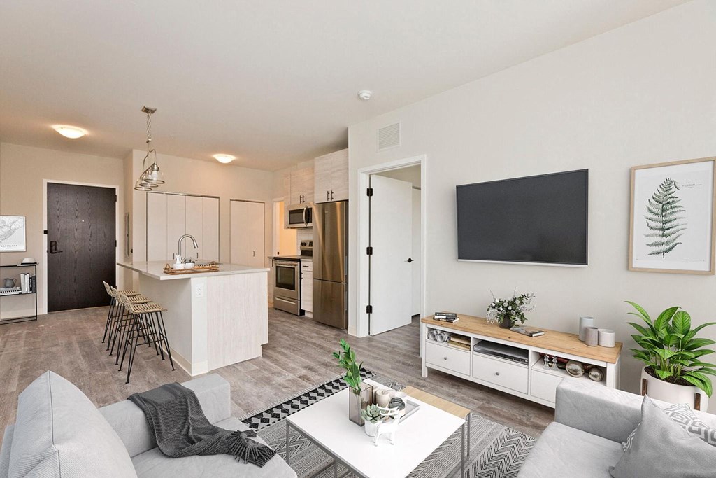 a living room with a couch and a table