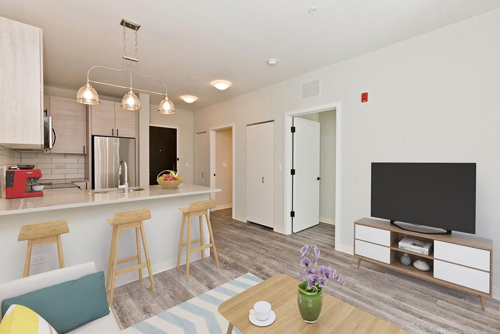 a living room with a kitchen and a television