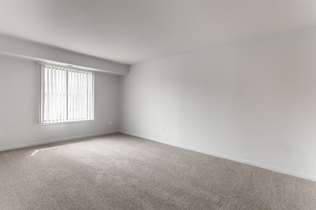 an empty room with carpet and a window