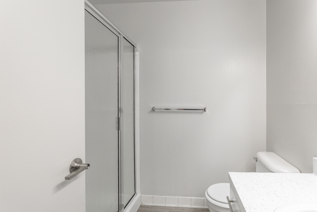 a white bathroom with a shower and a toilet