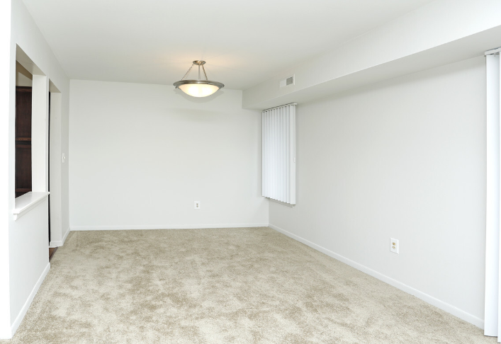 an empty living room with white walls and a carpet