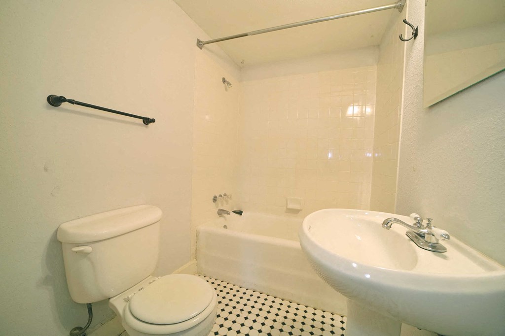 a bathroom with a toilet and a sink and a bath tub