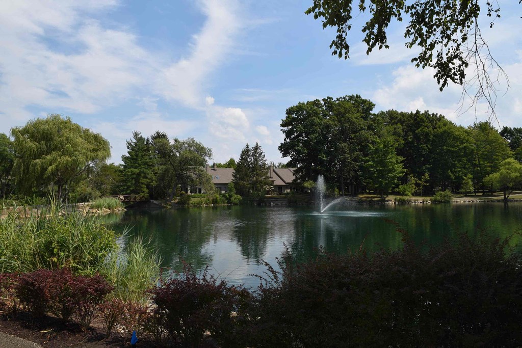 a fountain in the middle of a lake with a house in the background