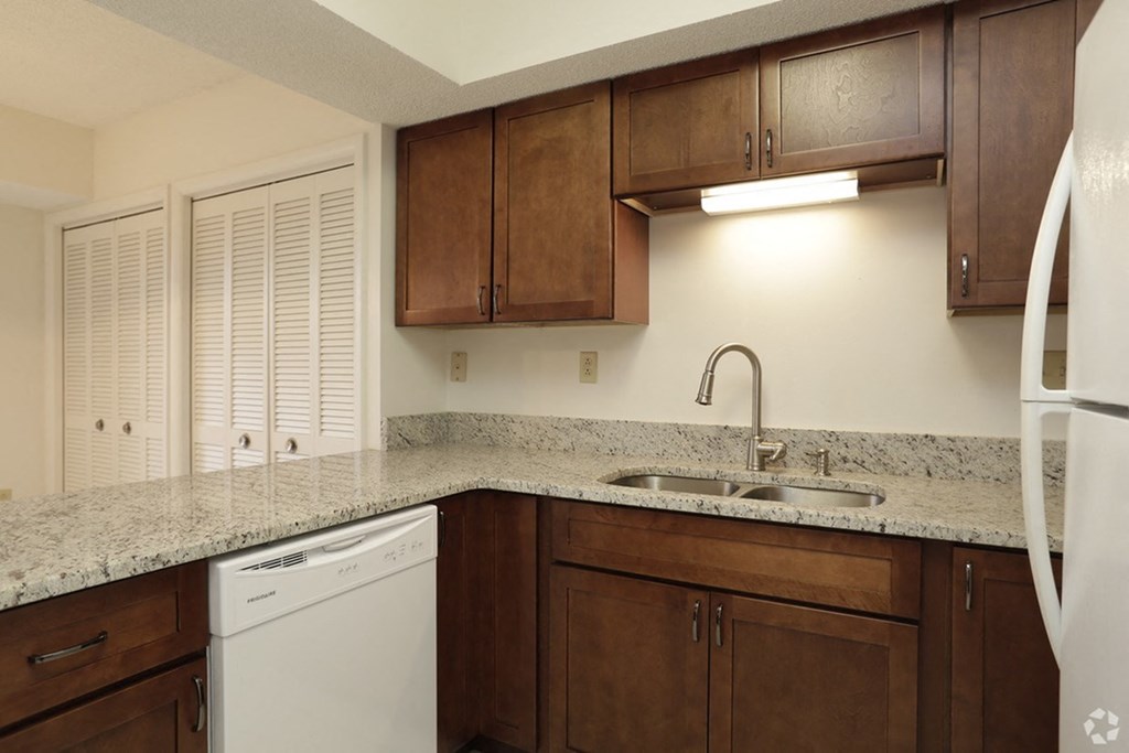 a kitchen with wooden cabinets and a sink and a dishwasher