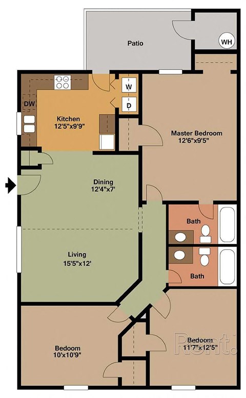 A floor plan of a house with a kitchen, living room, dining room, two bathrooms, a patio, and two bedrooms.