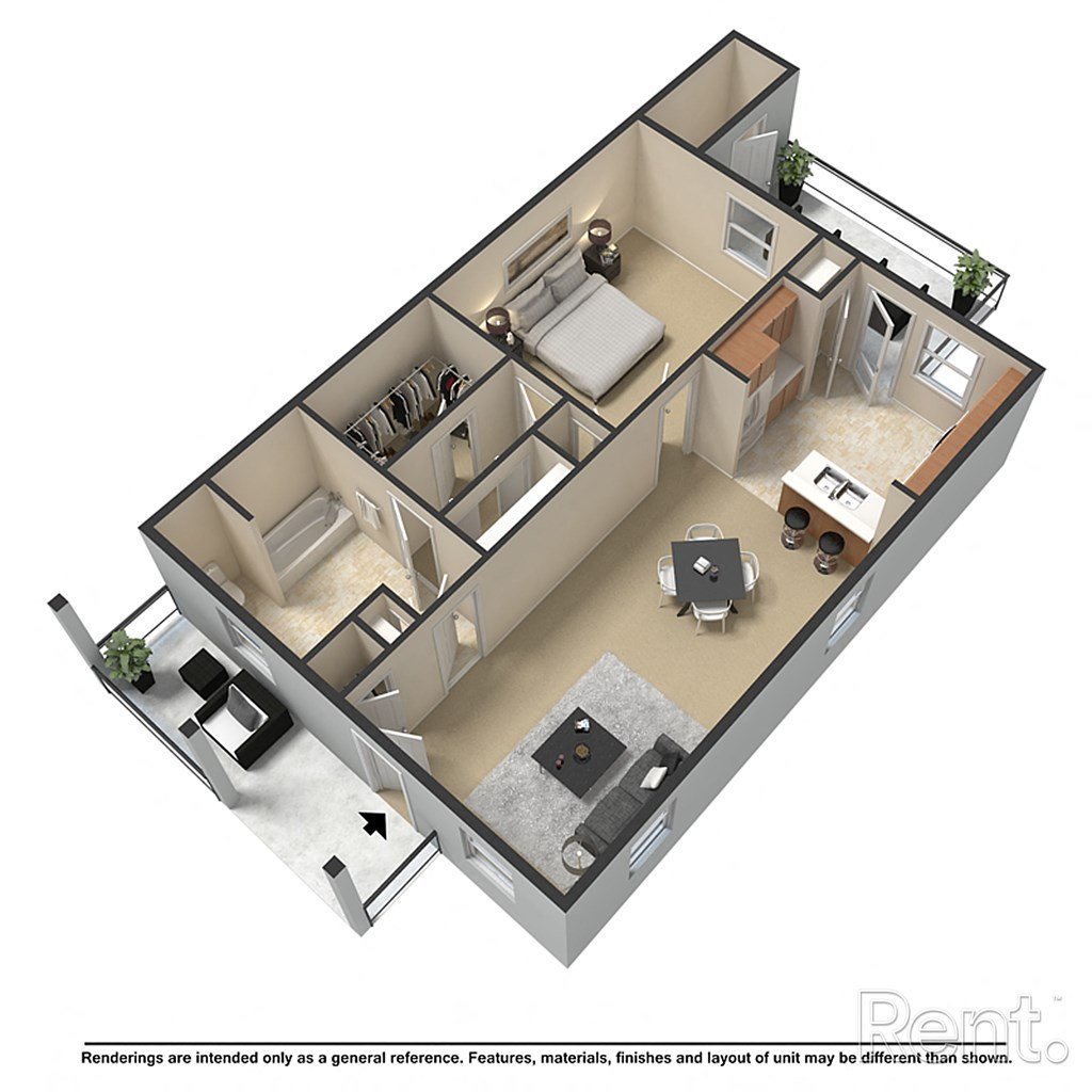 A 3D floor plan of a small apartment with a kitchen, living room, and bathroom.