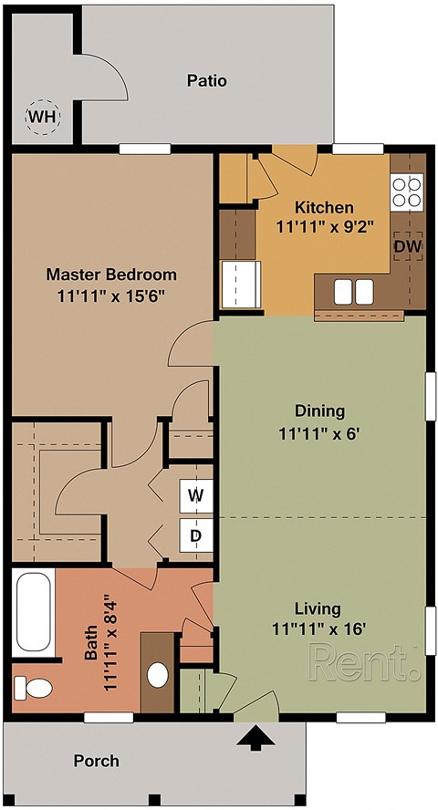 A floor plan of an apartment with a kitchen, dining room, living room, and bathroom.