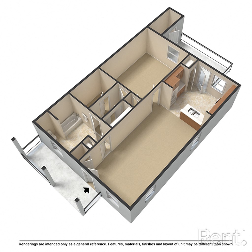 A 3D rendered image of a house layout.