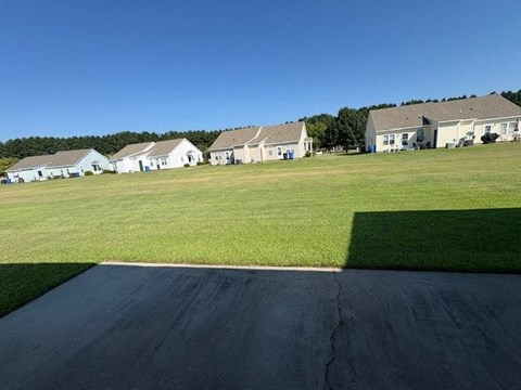 A road leads to a cluster of houses in a grassy field.