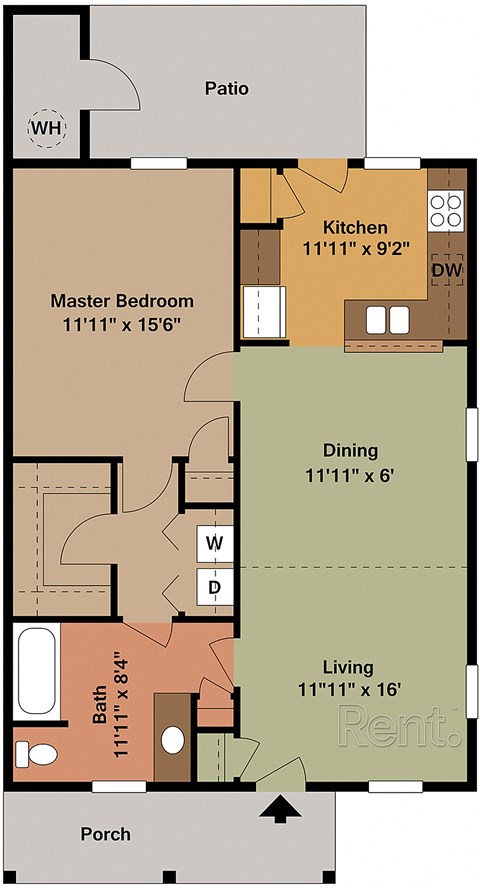 A floor plan of a living space with a kitchen, dining area, and bathroom.