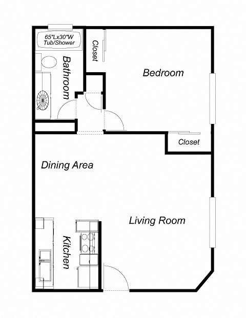 1 Bedroom floor plan for The Waverly at Campbell